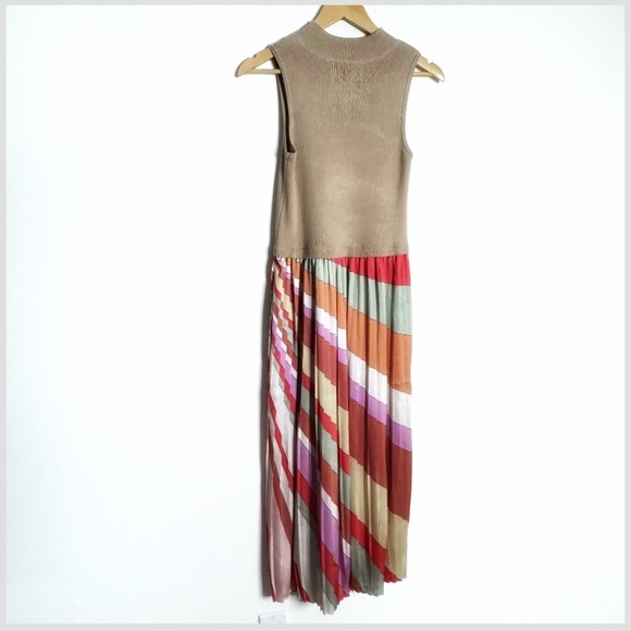 Skies Are Blue Carmine Print Mixed Media Pleated Midi Dress Mock Neck Sleeveless - Picture 5 of 16